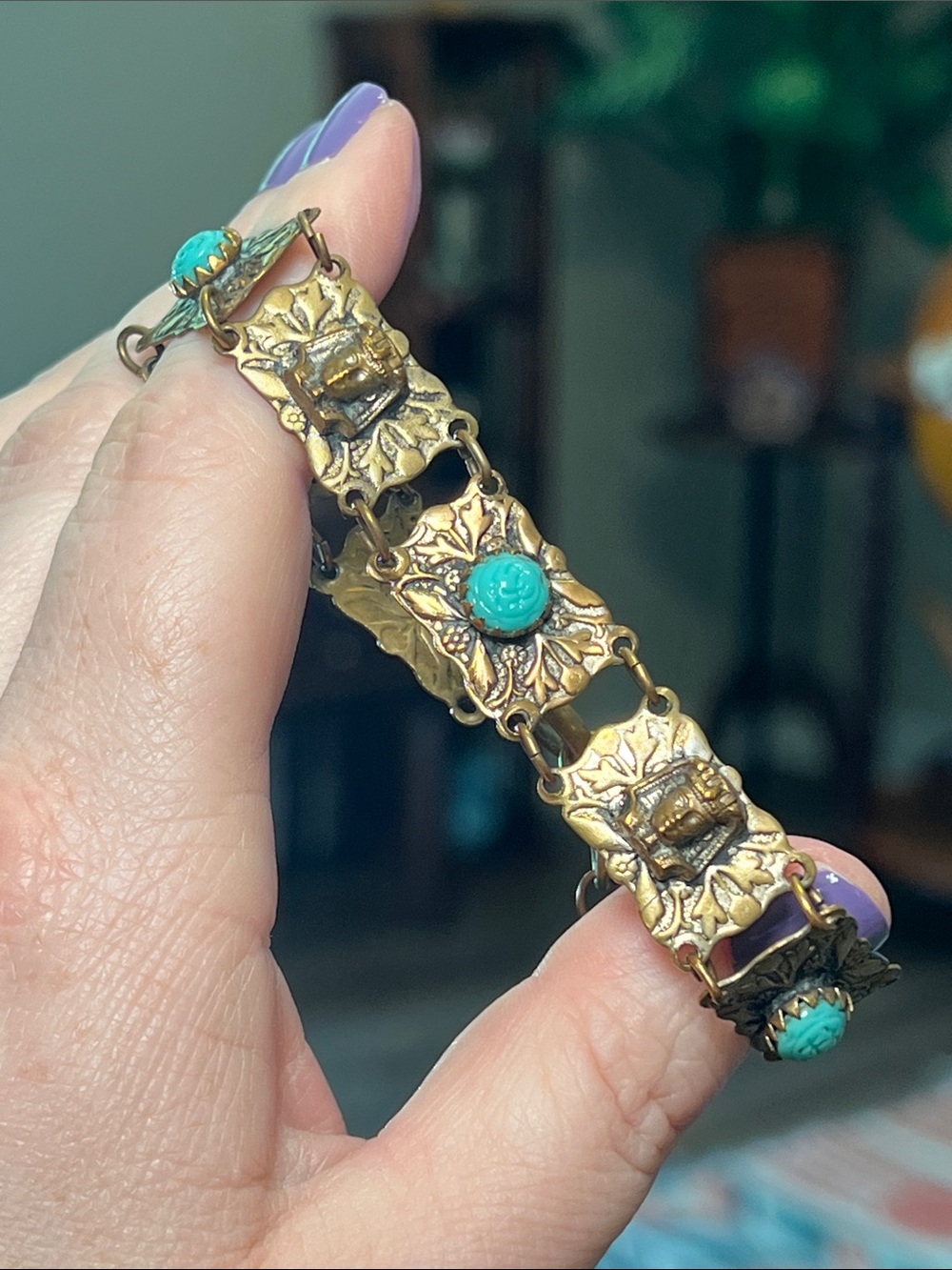 Vintage Czech Turquoise Blue Glass Egyptian Revival Etruscan Gold Panel Bracelet - Picture 3 of 12